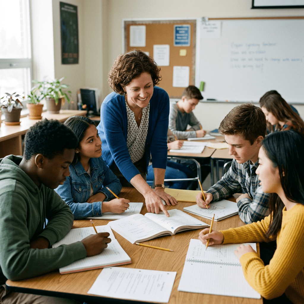 Teacher helping high school students with math problems at a table